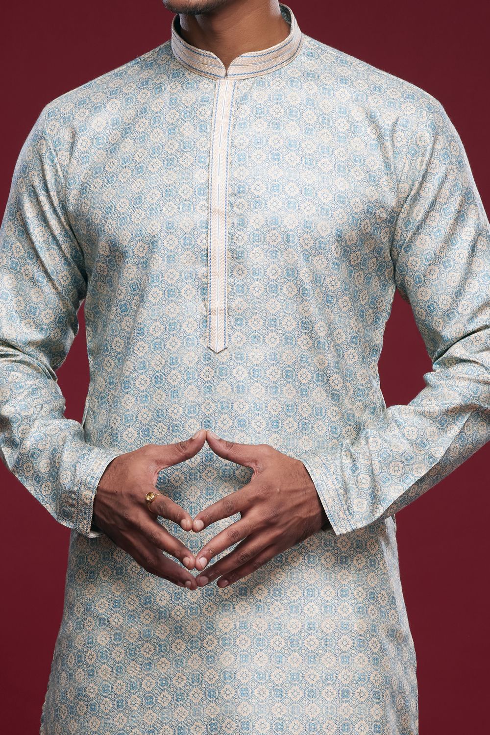 Digital Printed Sky Blue Art Silk Kurta Pajama (NMK-7041) - Nihal Fashions