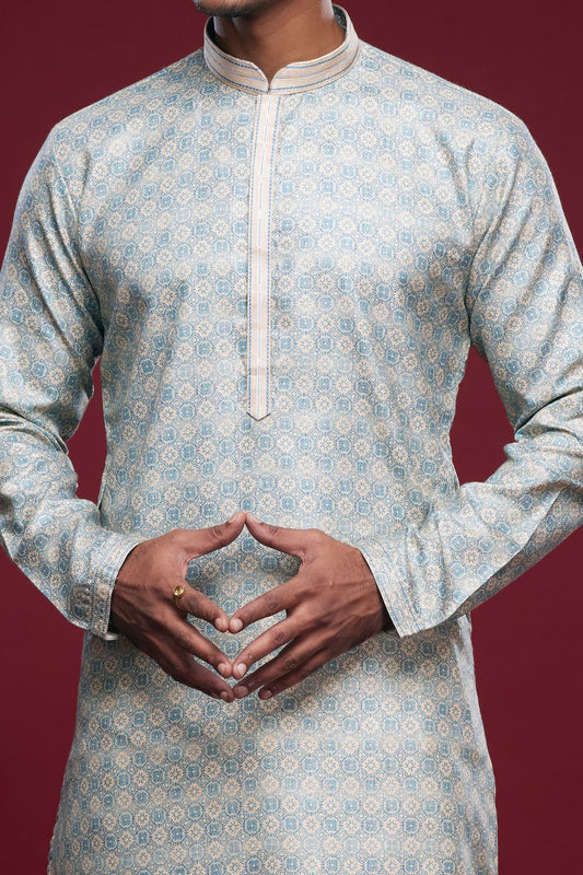 Digital Printed Sky Blue Art Silk Kurta Pajama (NMK-7041) - Nihal Fashions