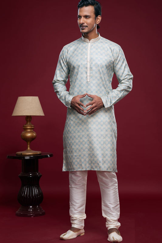 Digital Printed Sky Blue Art Silk Kurta Pajama (NMK-7041) - Nihal Fashions
