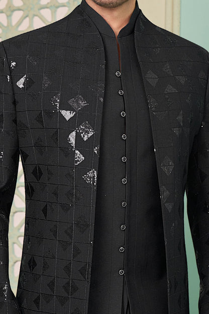 Embroidered Art Silk Black Indo Western (NMK-7646) - Nihal Fashions