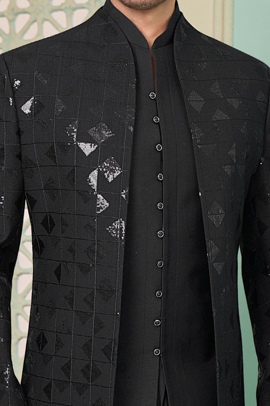 Embroidered Art Silk Black Indo Western (NMK-7646) - Nihal Fashions