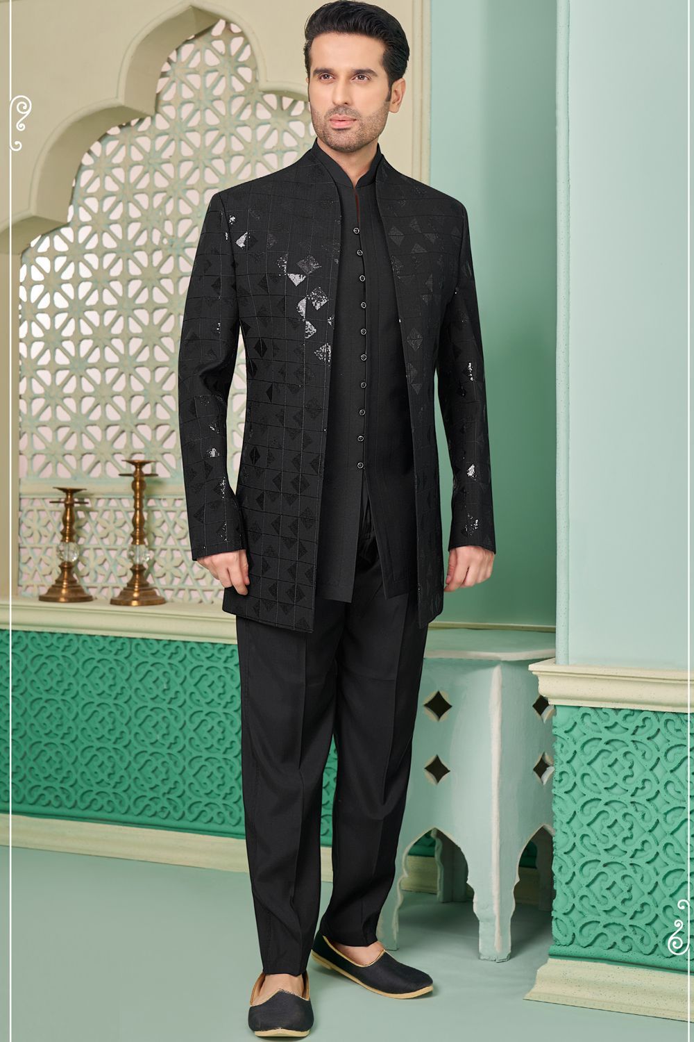 Embroidered Art Silk Black Indo Western (NMK-7646) - Nihal Fashions