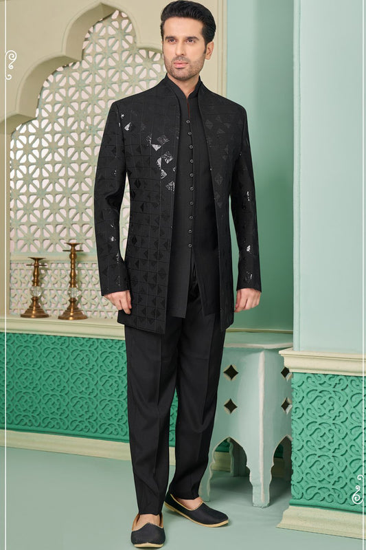 Embroidered Art Silk Black Indo Western (NMK-7646) - Nihal Fashions