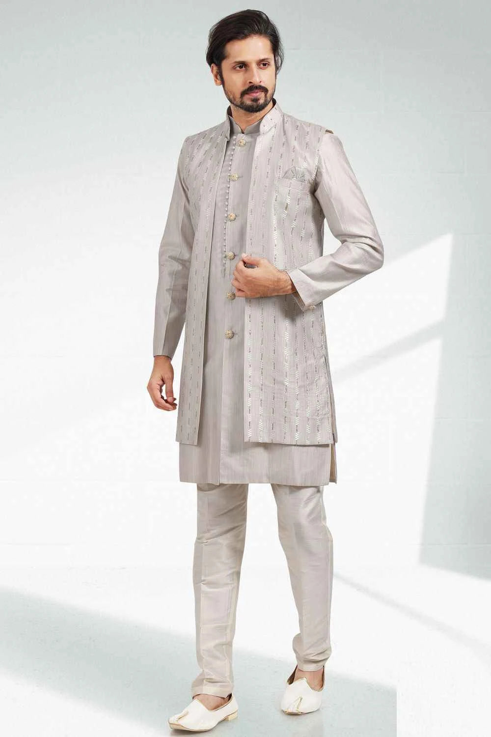 Embroidered Art Silk Grey Mens Indo Western (NMK-6464)