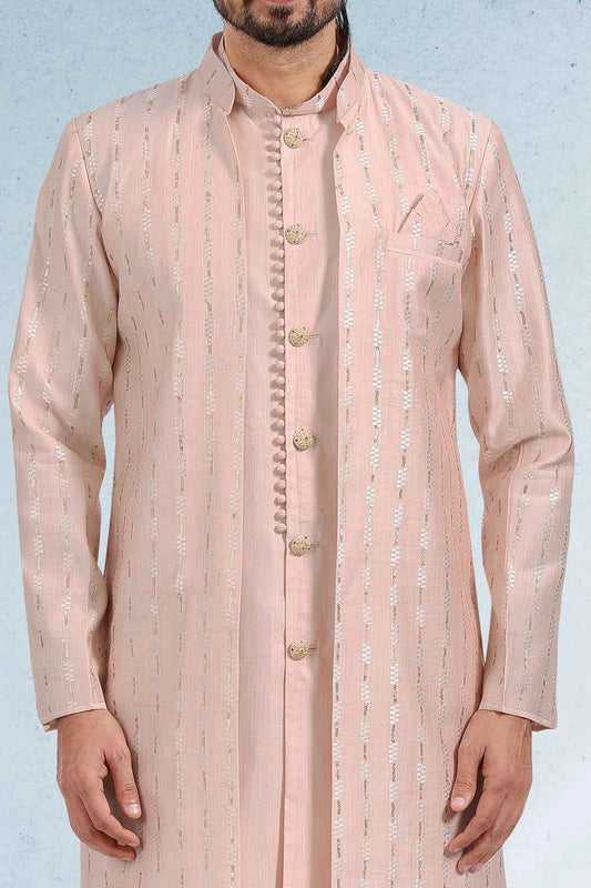 Embroidered  Art Silk Mens Indo Western in Peach (NMK-6463)