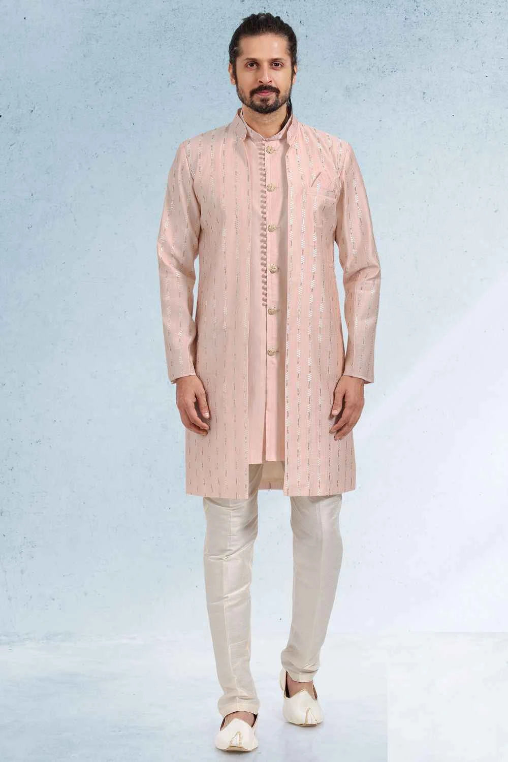 Embroidered  Art Silk Mens Indo Western in Peach (NMK-6463)