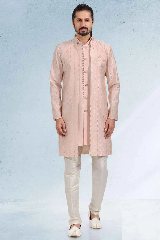 Embroidered  Art Silk Mens Indo Western in Peach (NMK-6463)