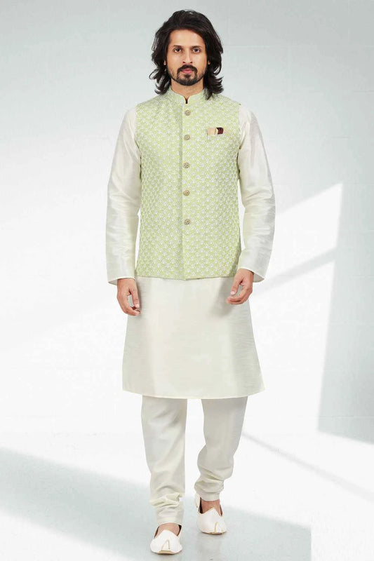 Embroidered Art Silk Mens Nehru Jacket in Pista Green (NMK-6468)