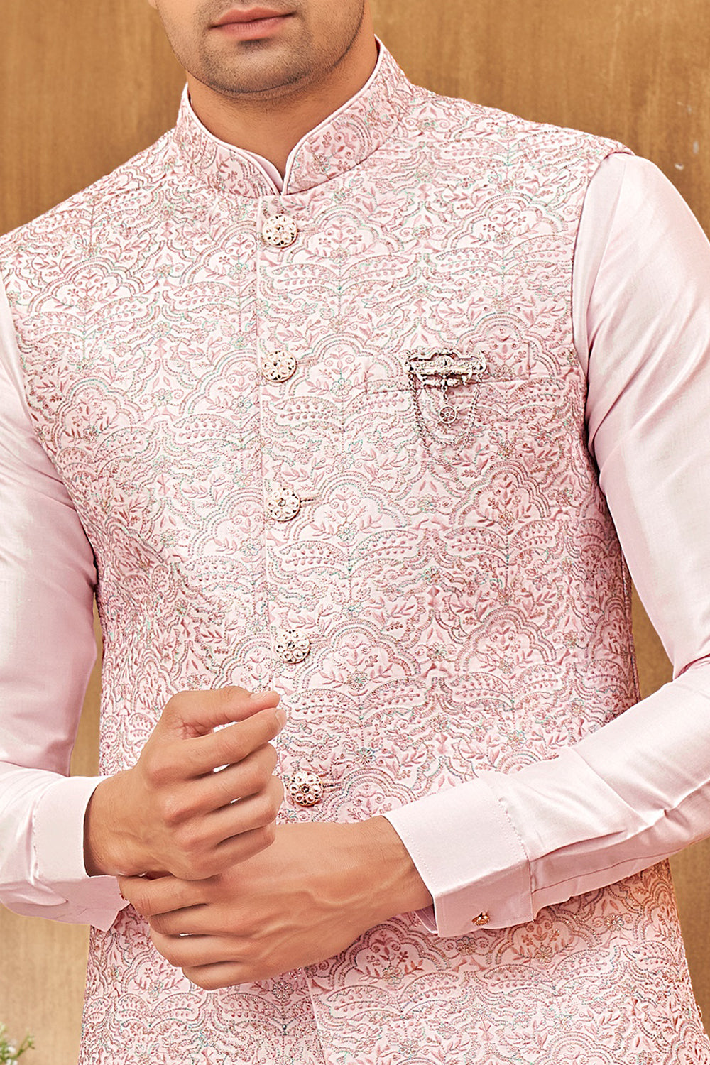 Embroidered Art Silk Nehru Jacket in Pink (NMK-8028) - Nihal Fashions