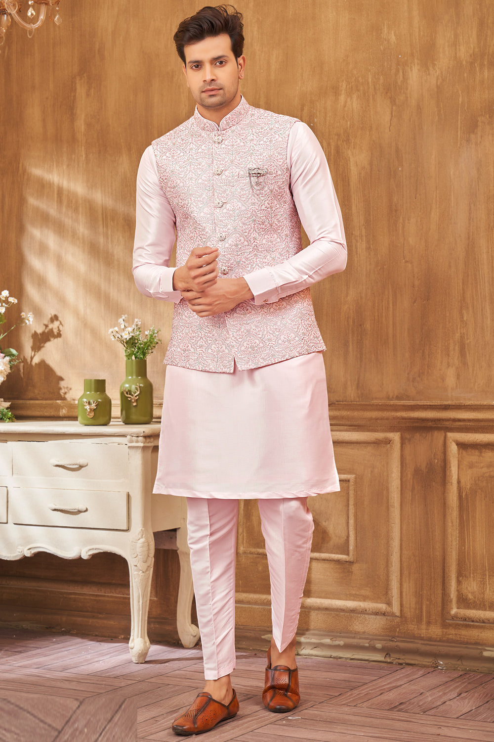 Embroidered Art Silk Nehru Jacket in Pink (NMK-8028) - Nihal Fashions