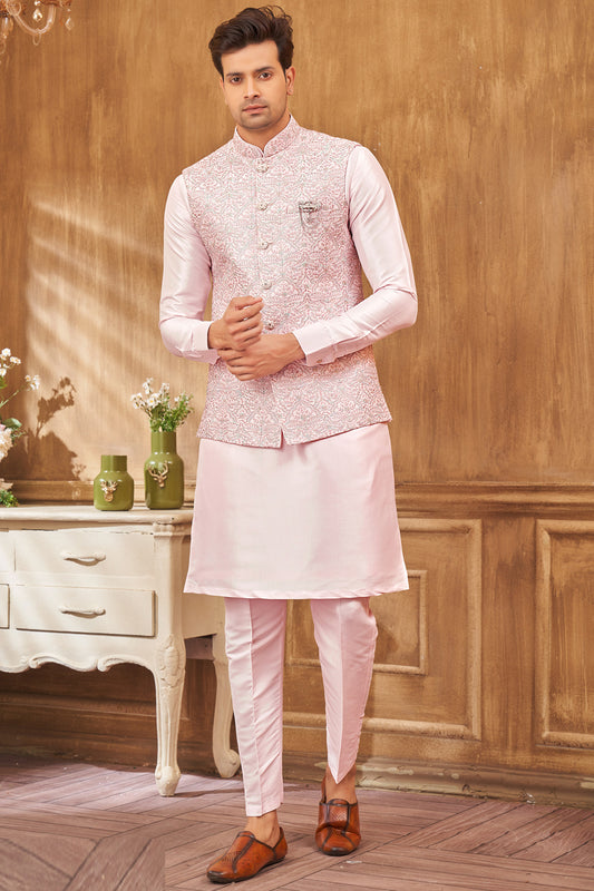 Embroidered Art Silk Nehru Jacket in Pink (NMK-8028) - Nihal Fashions