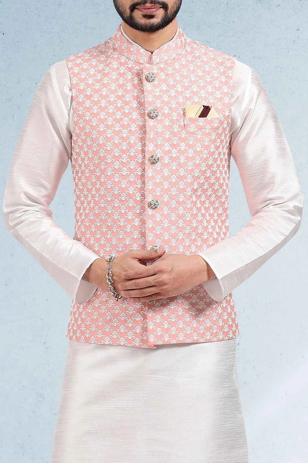 Embroidered Art Silk Peach Mens Nehru Jacket (NMK-6467)