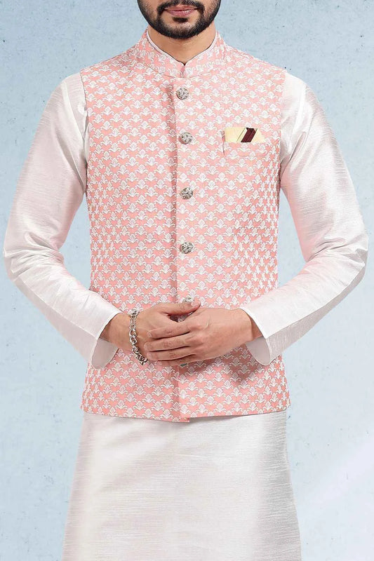 Embroidered Art Silk Peach Mens Nehru Jacket (NMK-6467)