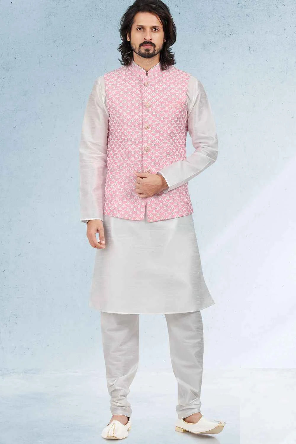 Embroidered Art Silk Pink Nehru Jacket for Men (NMK-6469)