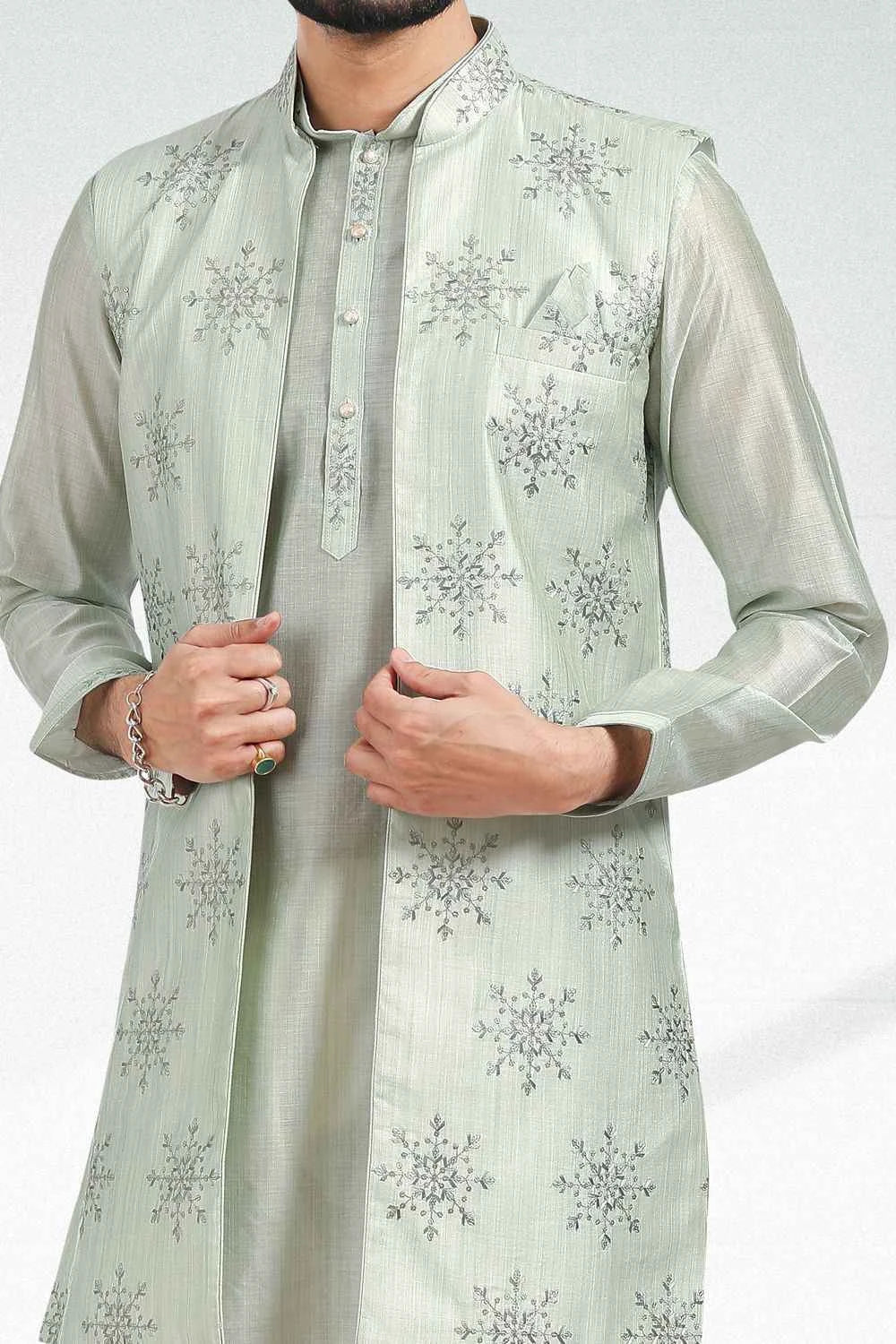 Embroidered Art Silk Pista Green Indo Western (NMK-6462)