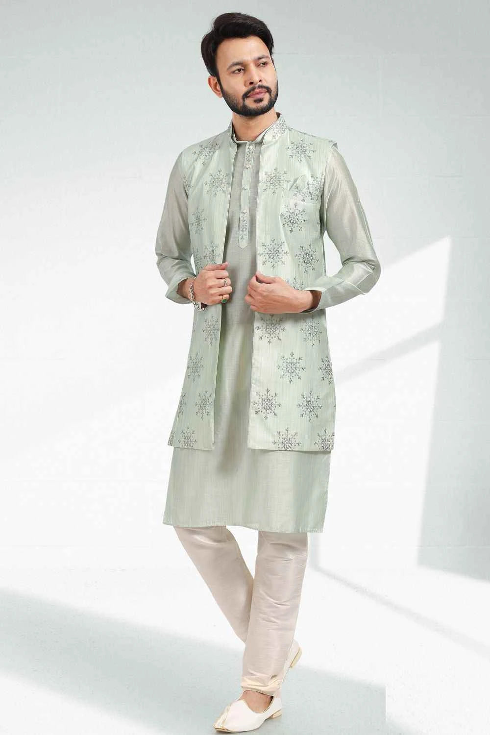 Embroidered Art Silk Pista Green Indo Western (NMK-6462)
