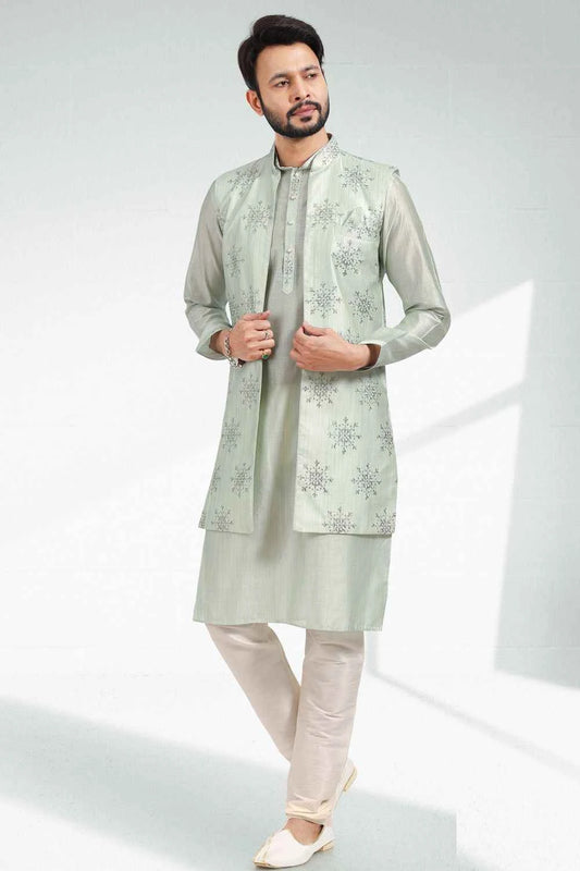 Embroidered Art Silk Pista Green Indo Western (NMK-6462)
