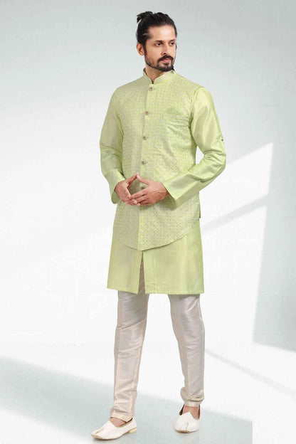 Embroidered Art Silk Pista Green Mens Indo Western (NMK-6466)