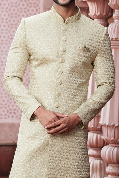 Embroidered Beige Art Silk Sherwani (NMK-7117) - Nihal Fashions
