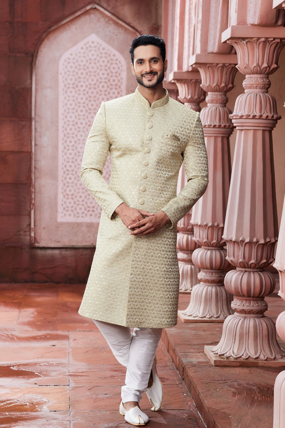 Embroidered Beige Art Silk Sherwani (NMK-7117) - Nihal Fashions