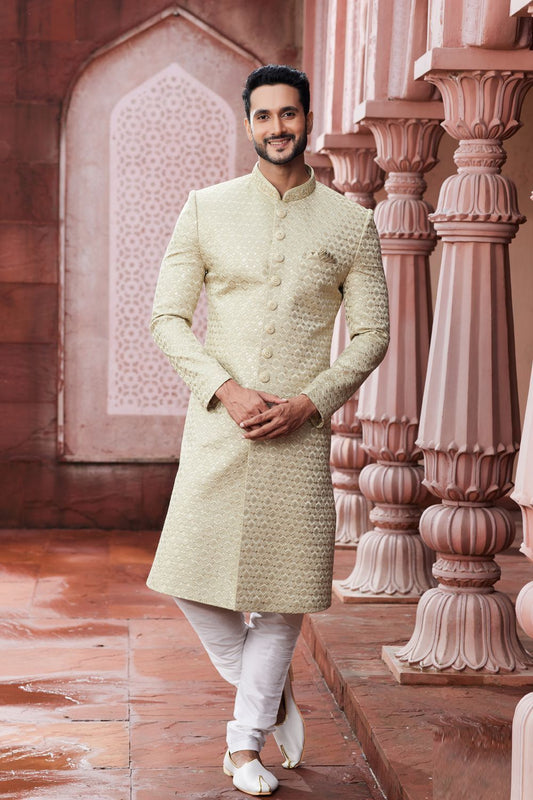 Embroidered Beige Art Silk Sherwani (NMK-7117) - Nihal Fashions