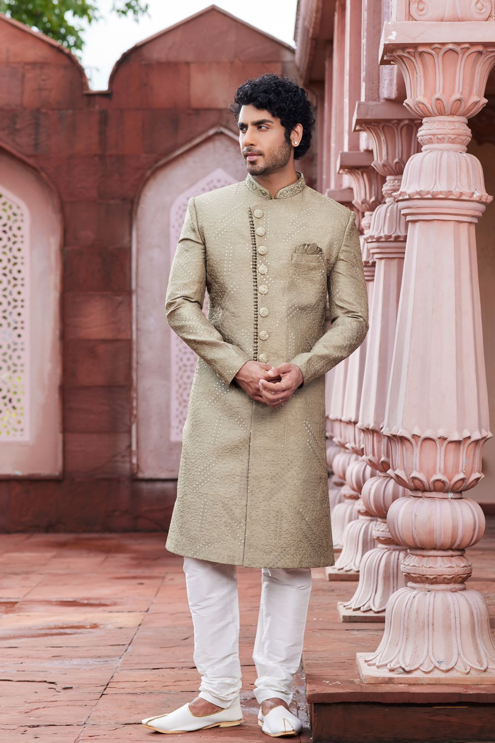 Embroidered Beige Art Silk Sherwani (NMK-7121) - Nihal Fashions