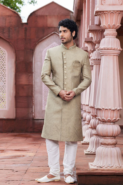 Embroidered Beige Art Silk Sherwani (NMK-7121) - Nihal Fashions