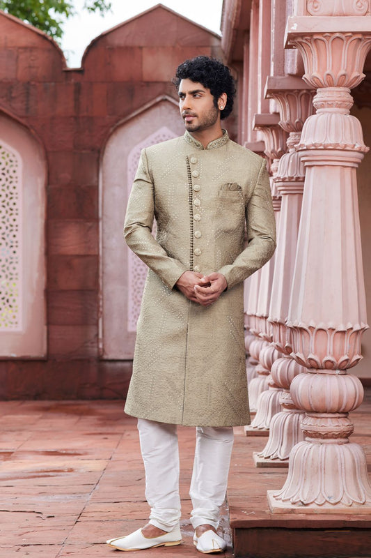 Embroidered Beige Art Silk Sherwani (NMK-7121) - Nihal Fashions