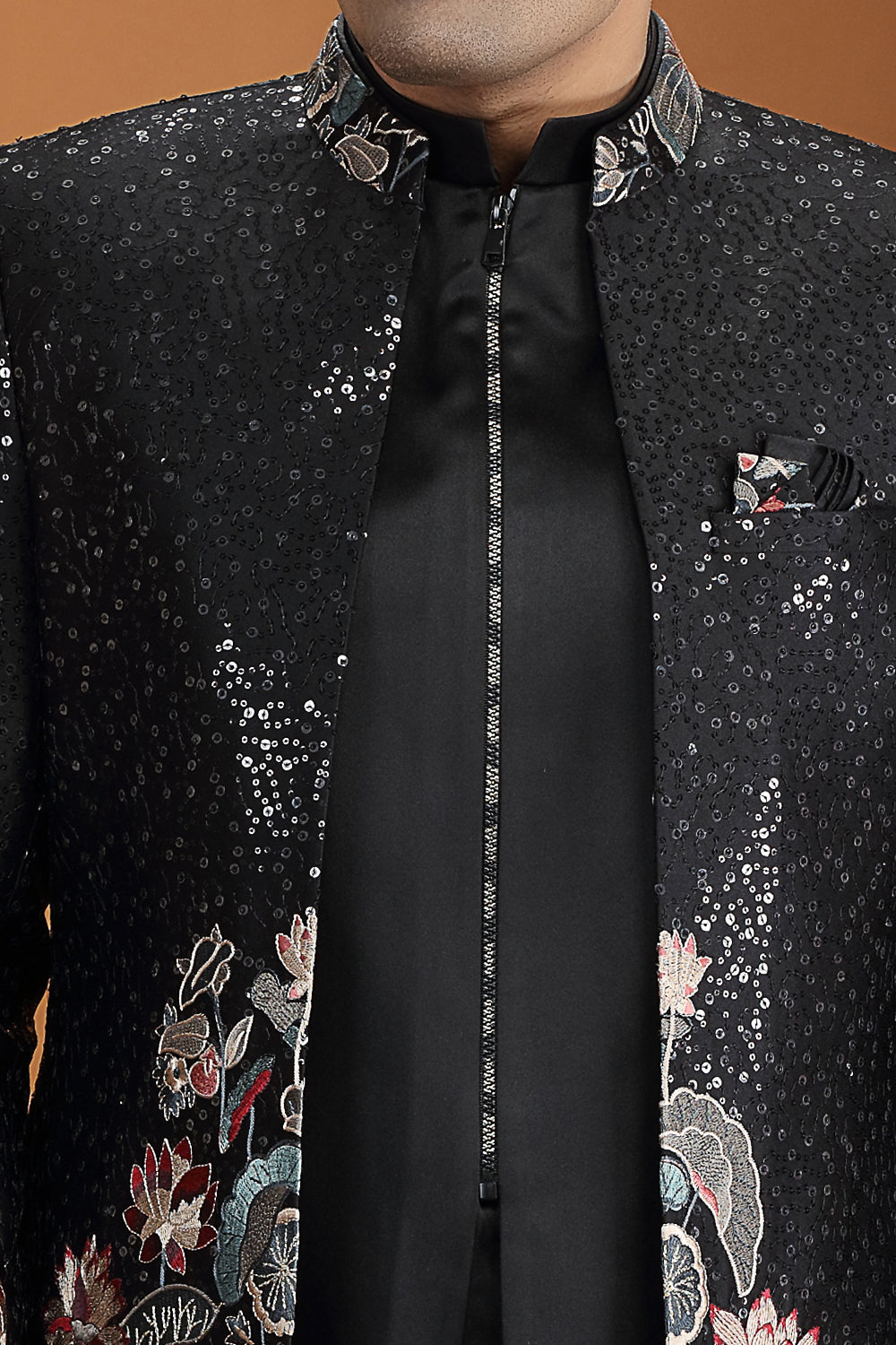Embroidered Black Art Silk 3 piece Indo Western (NMK-8640) - Nihal Fashions