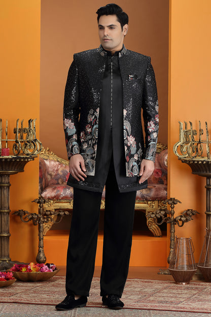 Embroidered Black Art Silk 3 piece Indo Western (NMK-8640) - Nihal Fashions