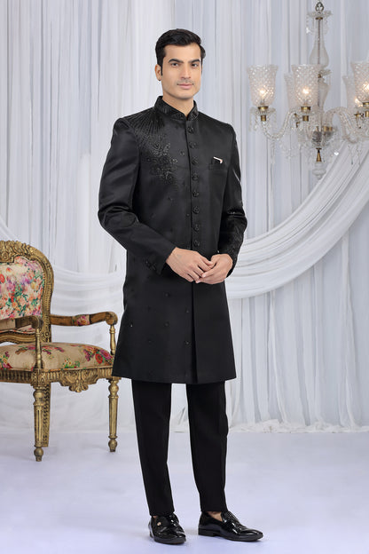 Embroidered Black Art Silk Indo Western (NMK-8682) - Nihal Fashions