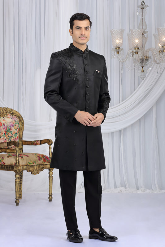 Embroidered Black Art Silk Indo Western (NMK-8682) - Nihal Fashions