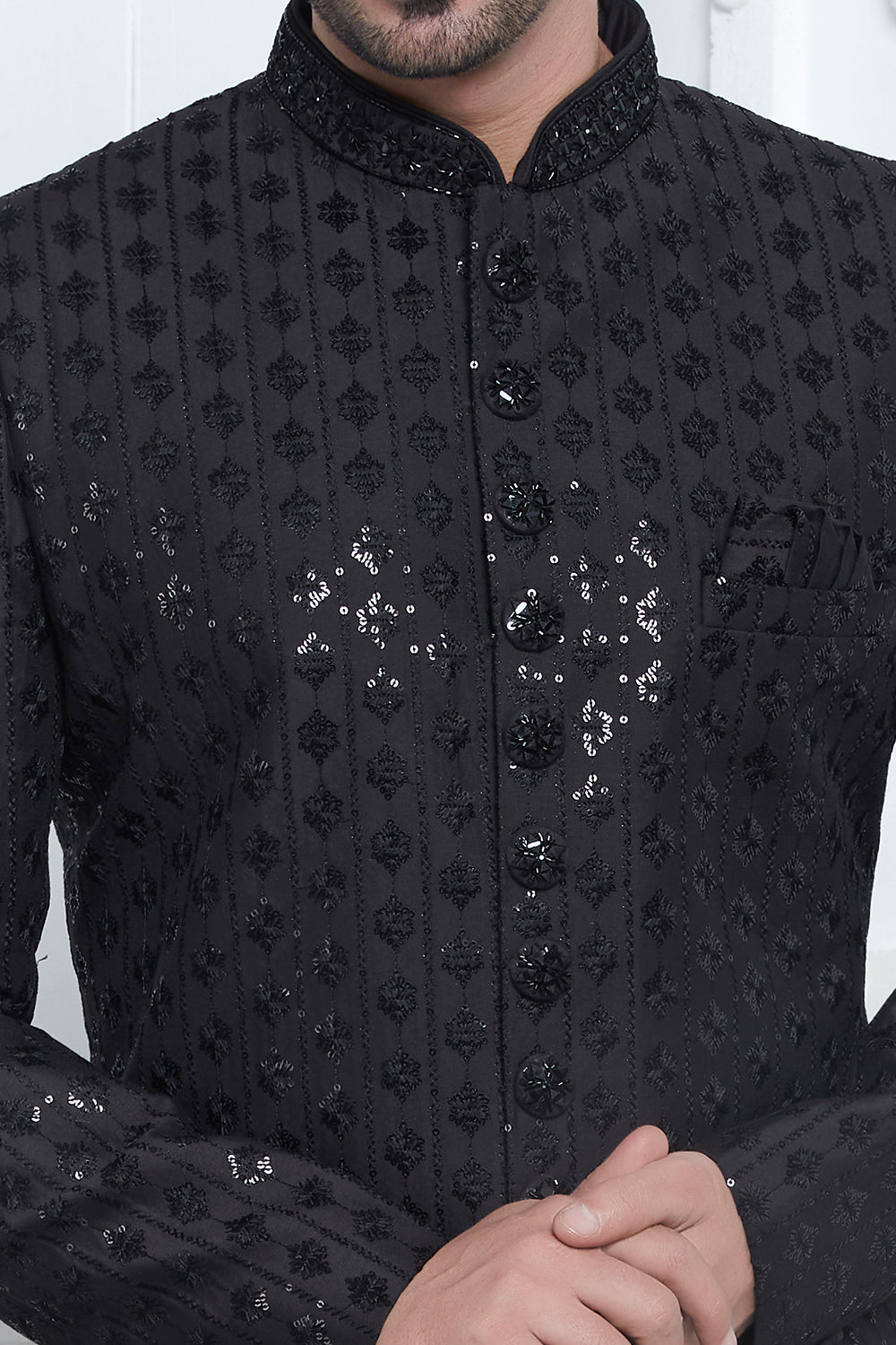 Embroidered Black Art Silk Indowestern (NMK-7874) - Nihal Fashions