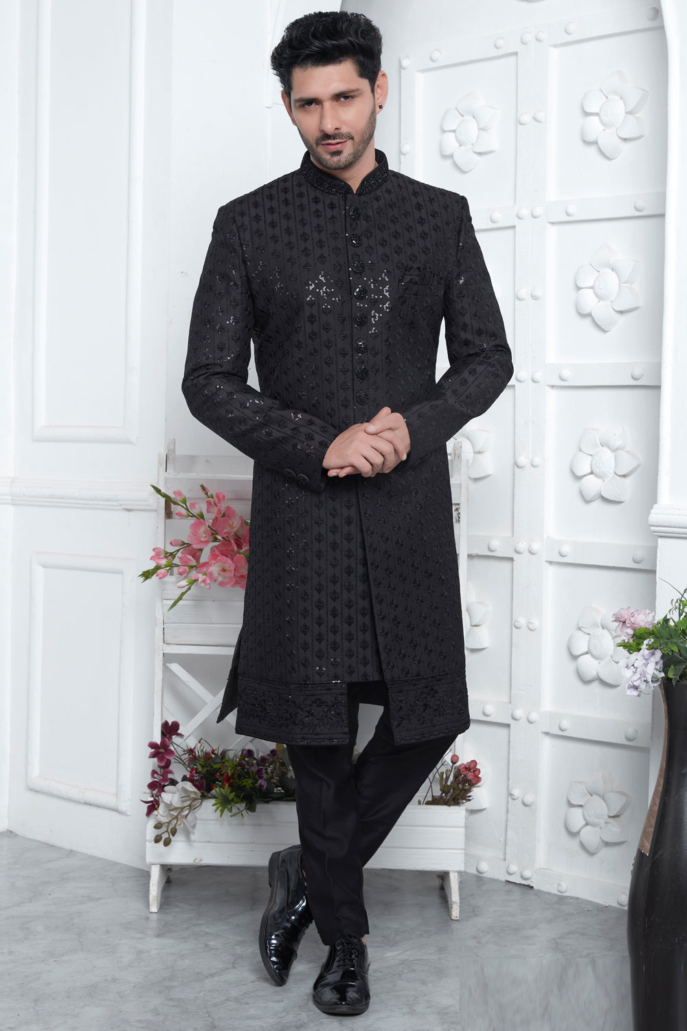 Embroidered Black Art Silk Indowestern (NMK-7874) - Nihal Fashions