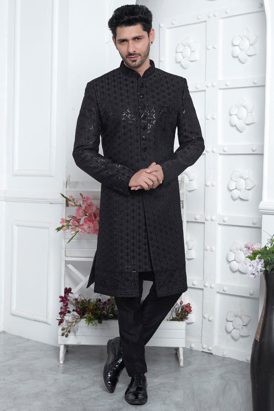 Embroidered Black Art Silk Indowestern (NMK-7874) - Nihal Fashions
