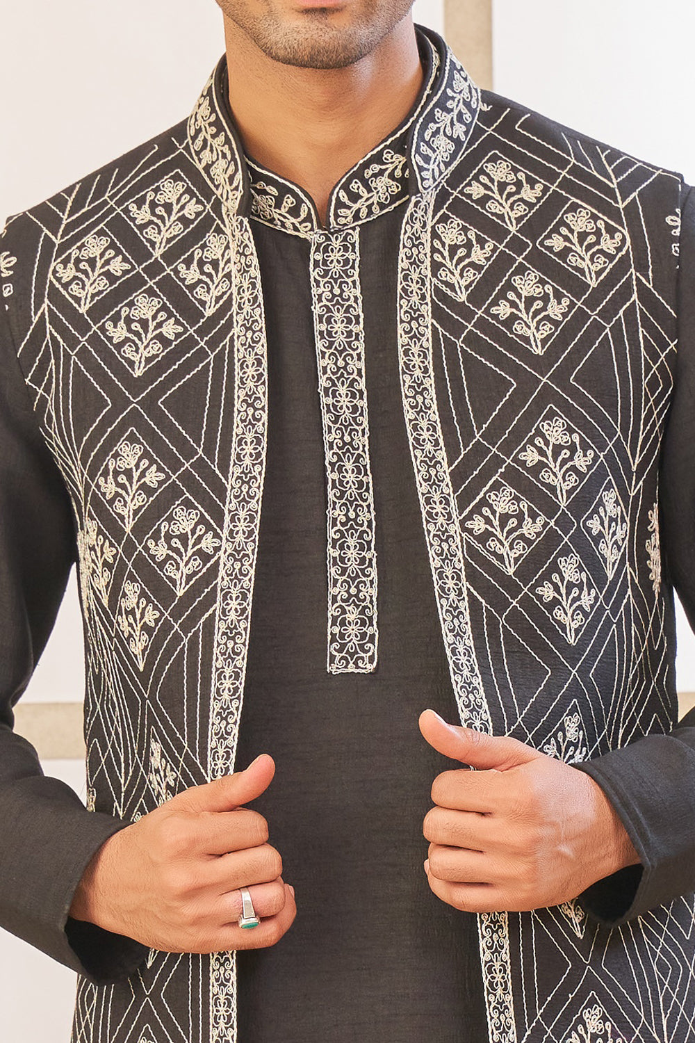 Embroidered Black Art Silk Kurta Jacket (NMK-8061) - Nihal Fashions