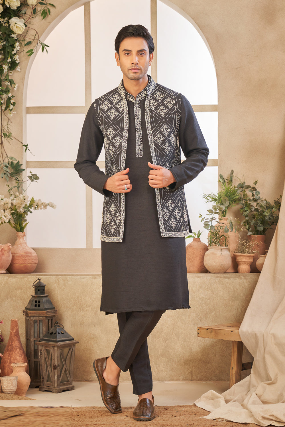 Embroidered Black Art Silk Kurta Jacket (NMK-8061) - Nihal Fashions