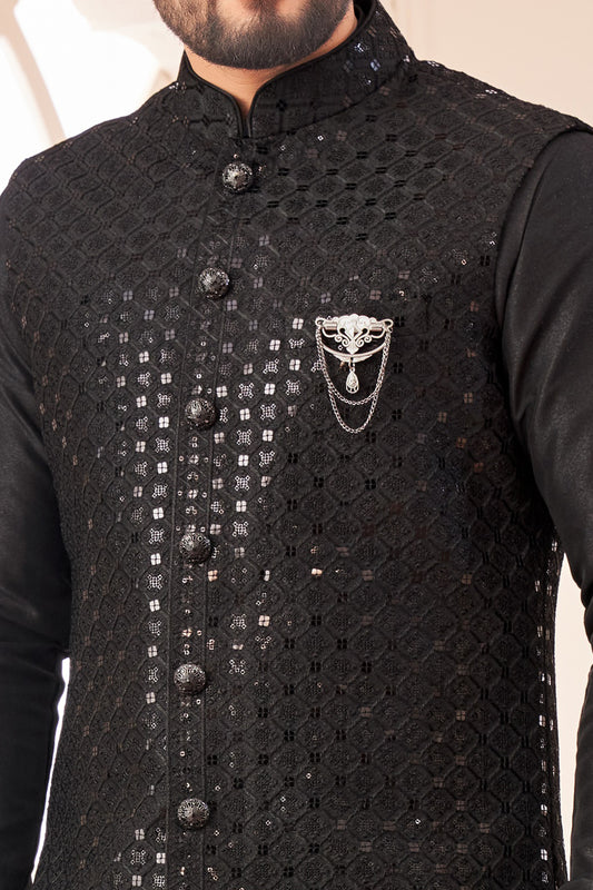 Embroidered Black Art Silk Nehru Jacket (NMK-8047) - Nihal Fashions