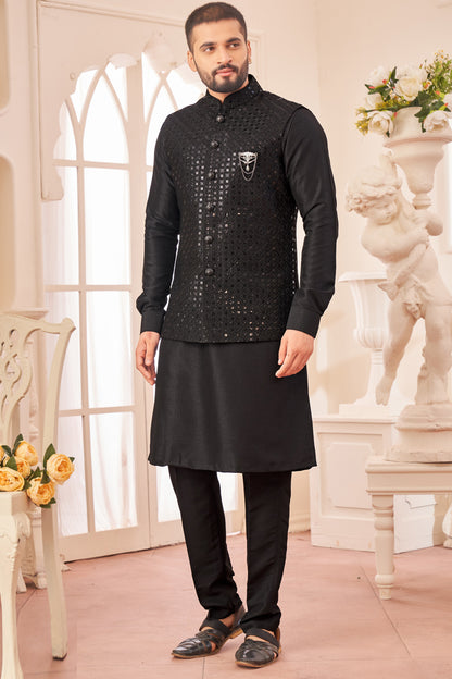 Embroidered Black Art Silk Nehru Jacket (NMK-8047) - Nihal Fashions