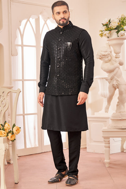 Embroidered Black Art Silk Nehru Jacket (NMK-8047) - Nihal Fashions