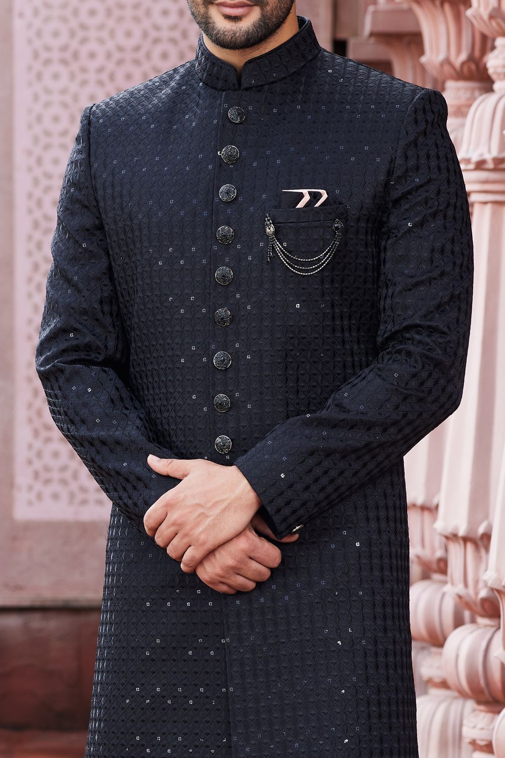Embroidered Black Art Silk Sherwani (NMK-7124) - Nihal Fashions