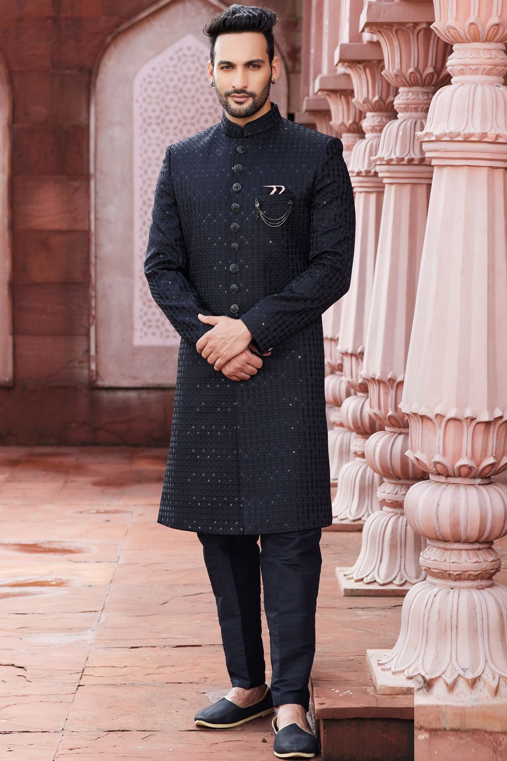 Embroidered Black Art Silk Sherwani (NMK-7124) - Nihal Fashions
