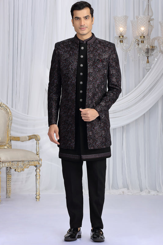 Embroidered Black Velvet 3 piece Indo Western (NMK-8662) - Nihal Fashions