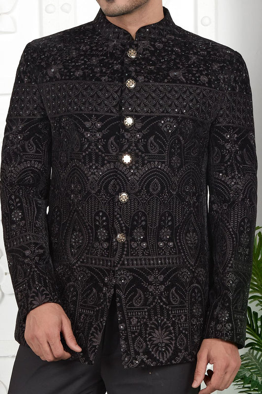 Embroidered Black Velvet Indo Western (NMK-7215) - Nihal Fashions