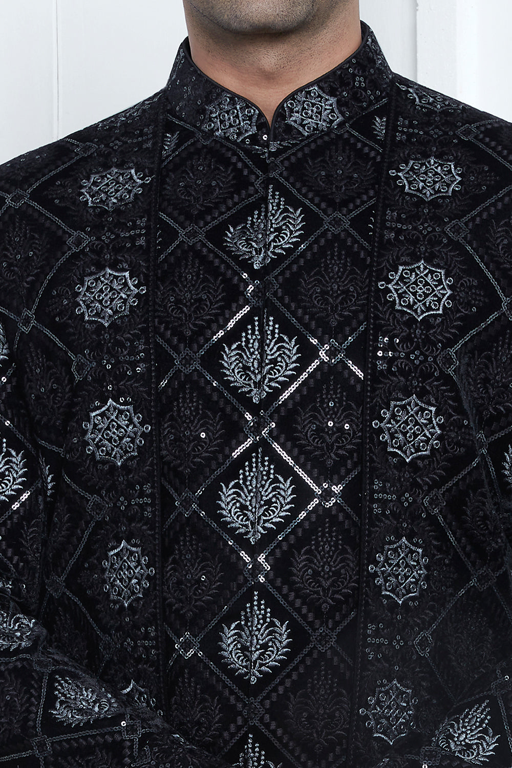 Embroidered Black Velvet Silk Jacket Set (NMK-7878) - Nihal Fashions