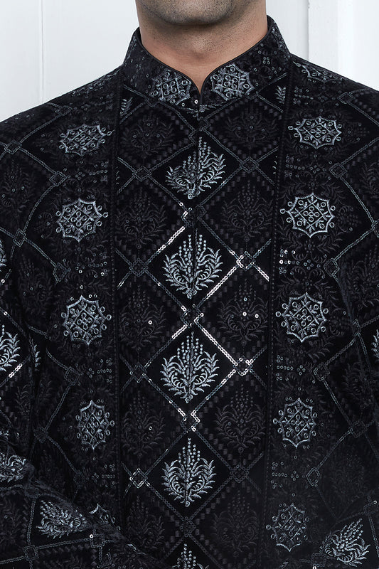 Embroidered Black Velvet Silk Jacket Set (NMK-7878) - Nihal Fashions