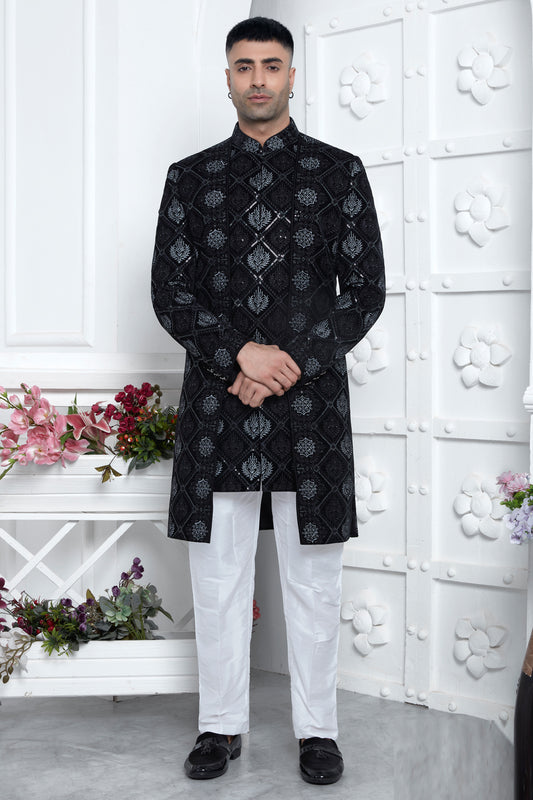 Embroidered Black Velvet Silk Jacket Set (NMK-7878) - Nihal Fashions