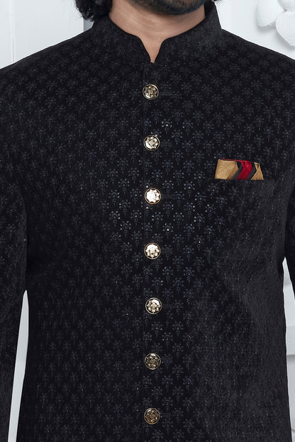 Embroidered Black Velvet Silk Sherwani (NMK-7883) - Nihal Fashions