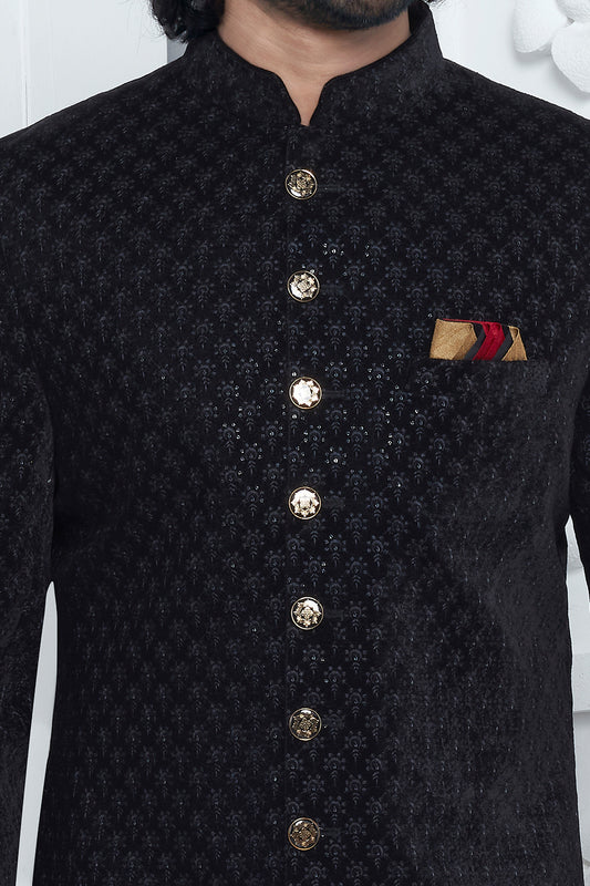 Embroidered Black Velvet Silk Sherwani (NMK-7883) - Nihal Fashions