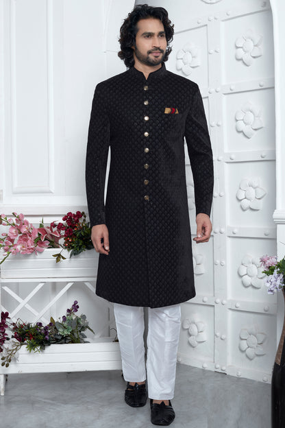 Embroidered Black Velvet Silk Sherwani (NMK-7883) - Nihal Fashions
